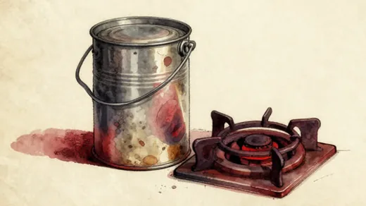 A watercolor of a dented tin can beside a stove burner, from chapter one