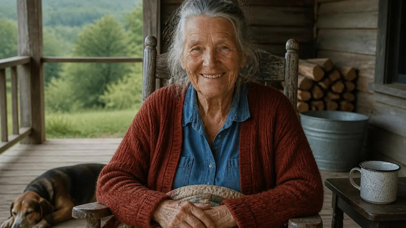 Ruby Calloway in her rocking chair on the porch, smiling, her dog asleep beside her